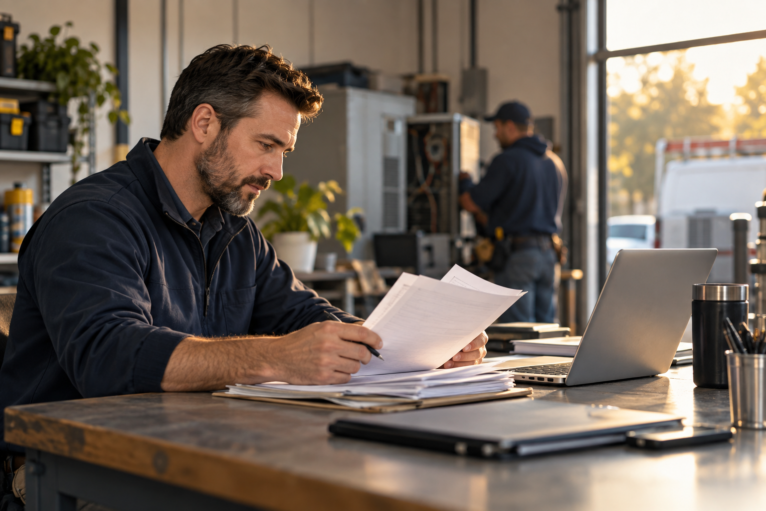 Illustration of an HVAC service manager reviewing job estimates at a worktable